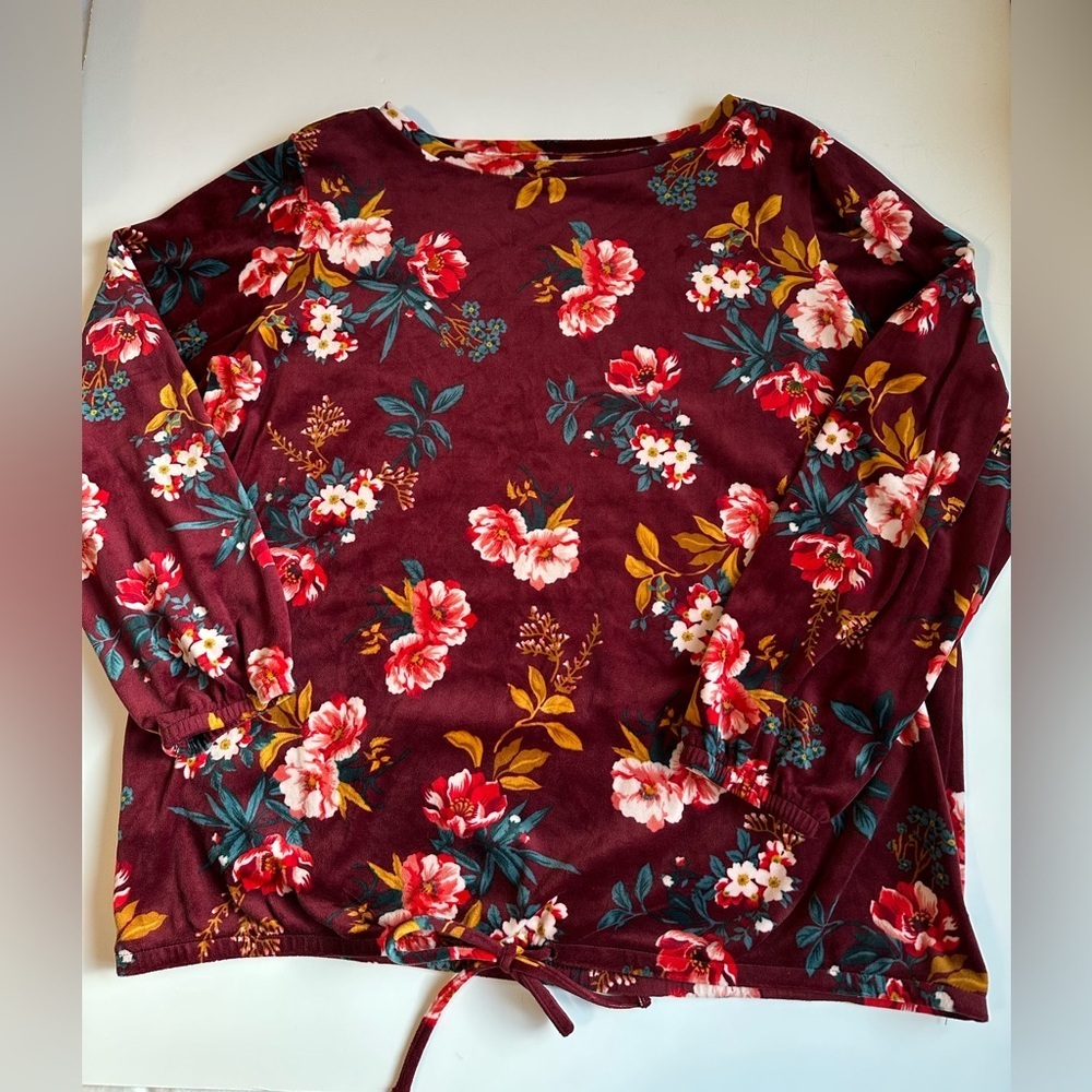 LOFT Plus Size 14 Velvet Floral Long Sleeve Top Burgundy Tie Front Stretchy